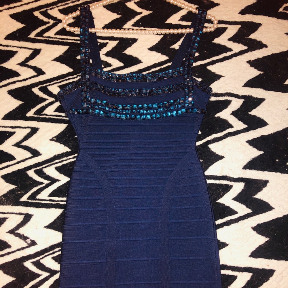 Herve Leger Blue Bandage Dress with Stones